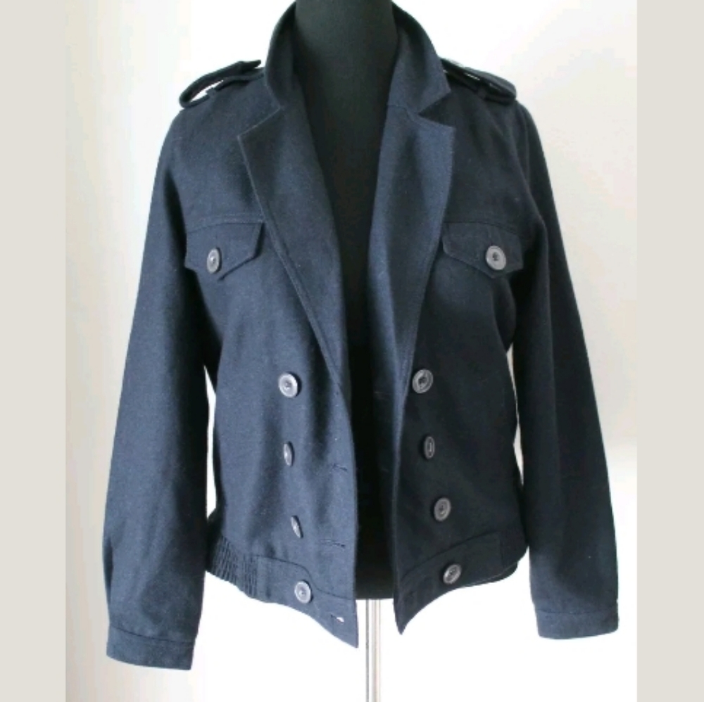Leith Navy Blue Bomber Utility Button Down Wool Bl